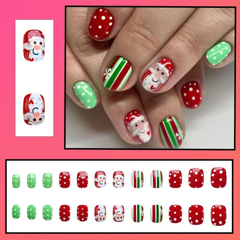 Christmas Red French Glossy Nail Art, Cute Short Round Nail Art with False Nails
